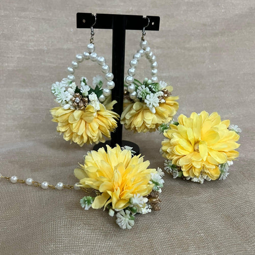 Yellow Artificial Flower Earrings, Bindia & Ring Set -